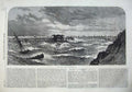 Old Antique Print 1865 Fine Art Gale Stormy Sea Pier Sailing Ships Rocks 19th