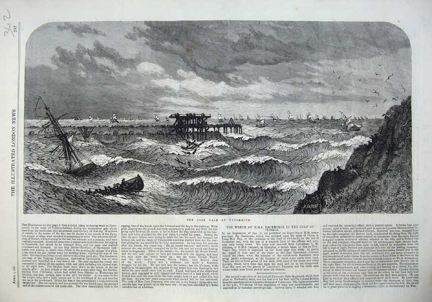 Old Antique Print 1865 Fine Art Gale Stormy Sea Pier Sailing Ships Rocks 19th