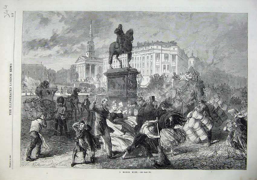Old Antique Print 1865 Fine Art March Wind Statue Buildings Church Tower 19th