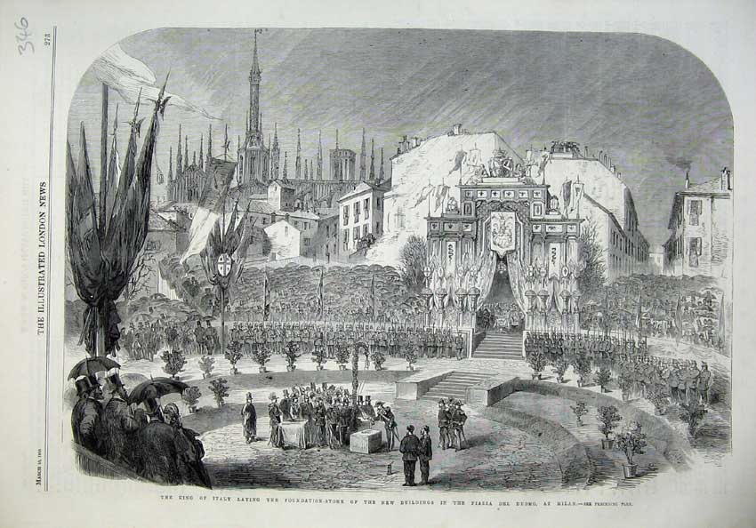Original Old Antique Print 1865 King Italy New Buildings Piazza Del Duomo Milan