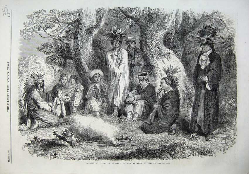 Old Antique Print Fine Art 1865 Embassy Kickapoo Indians Emperor Mexico 19th
