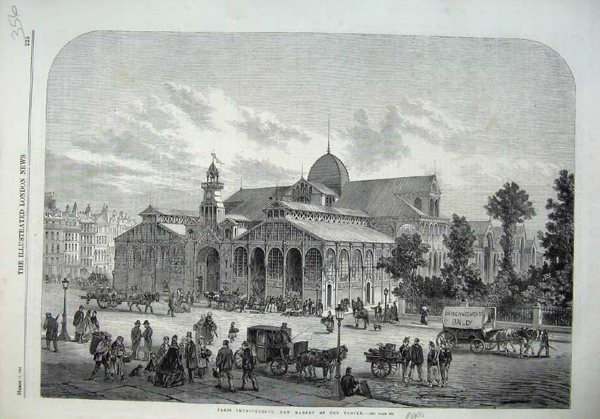 Old Antique Print 1865 Paris Improvments New Market Temple Street Scene 19th