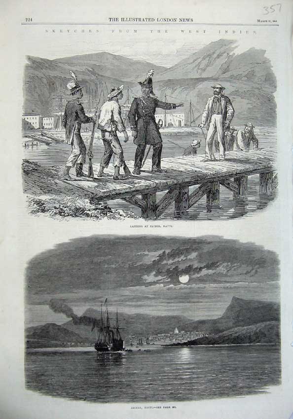 Old Antique Print West Indies 1865 Ship Night Jacmel Hayti Mountains Army 19th
