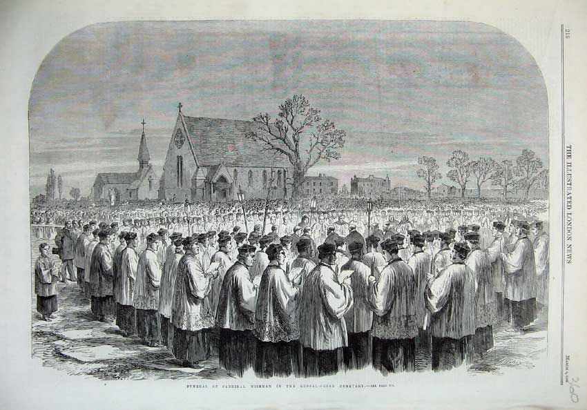 Original Old Antique Print 1865 Funeral Cardinal Wiseman Kensal-Green Cemetery