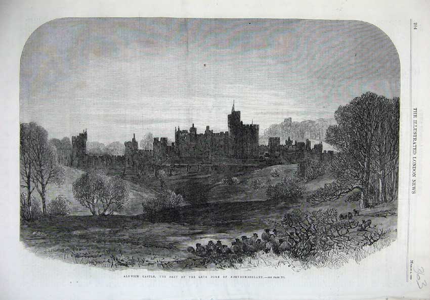 Old Antique Print 1865 Fine Art Alnwick Castle Duke Northumberland Sheep 19th