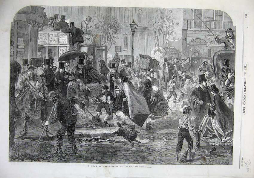 Original Old Antique Print 1865 Winter Thaw Streets London Men Women Umbrella