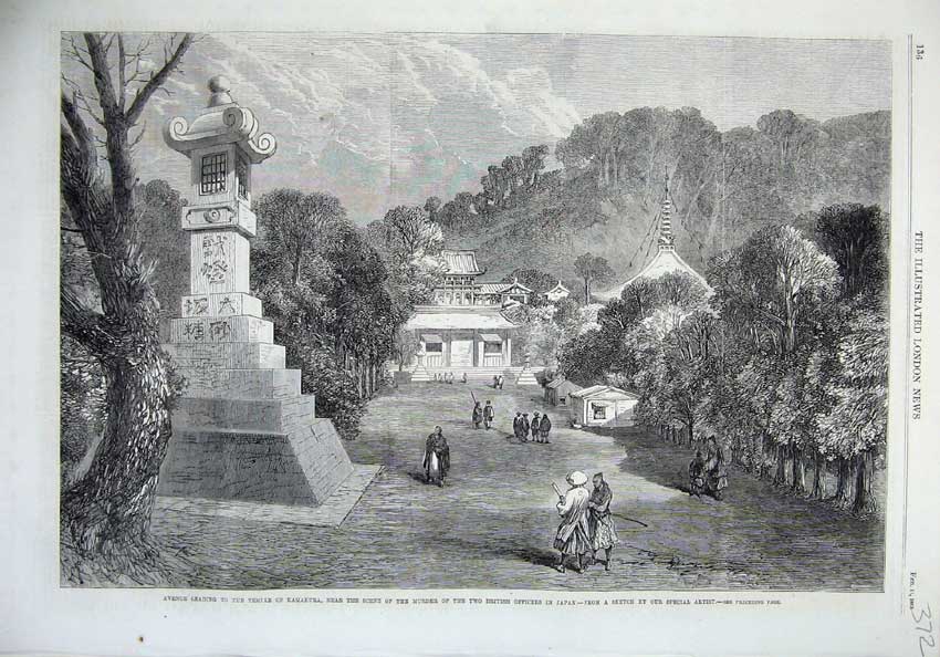 Old Antique Print 1865 Temple Kamakura Murder British Officers Japan Art 19th