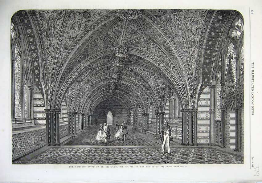 Old Antique Print Fine Art 1865 Crypt St Stephens Chapel House Parliament 19th