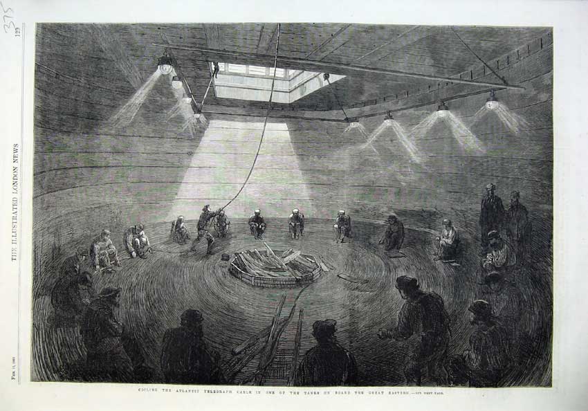 Old Antique Print Fine Art 1865 Coiling Atlantic Telegraph Ship Eastern 19th