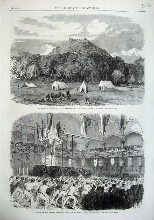 Old Antique Print 1865 Fort Dalimkote Bhootan Gymnastics German Pancras 19th