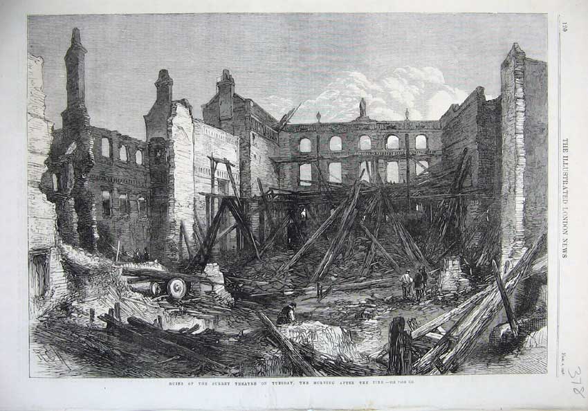 Original Old Antique Print Fine Art 1865 Ruins Surrey Theatre Fire Building