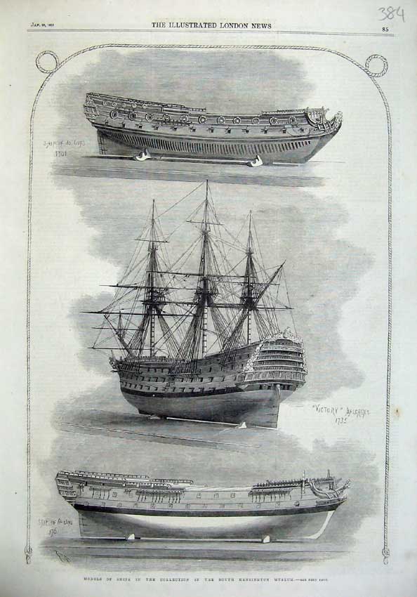Original Old Antique Print 1865 Models Ships South Kensington Museum Balcaens