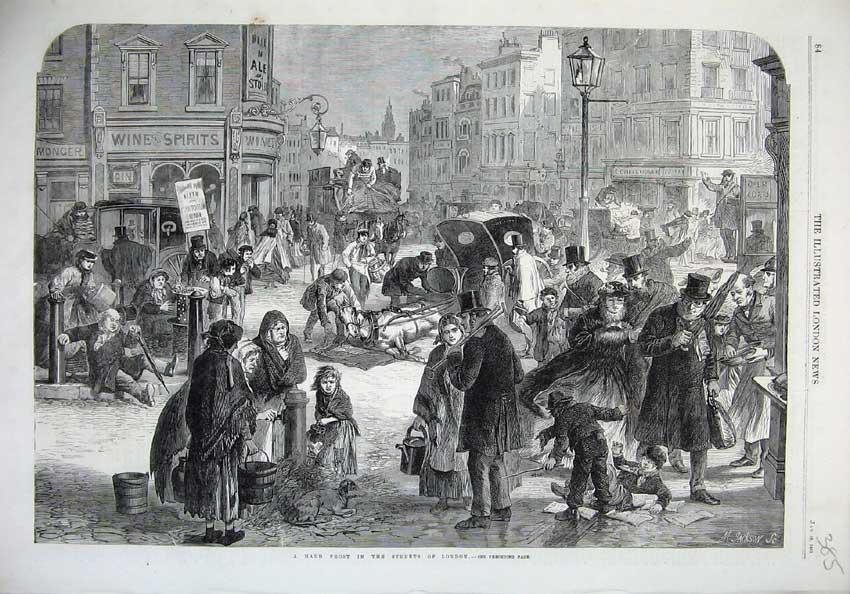 Original Old Antique Print 1865 Hard Frost Streets London Winter Horse Carriage