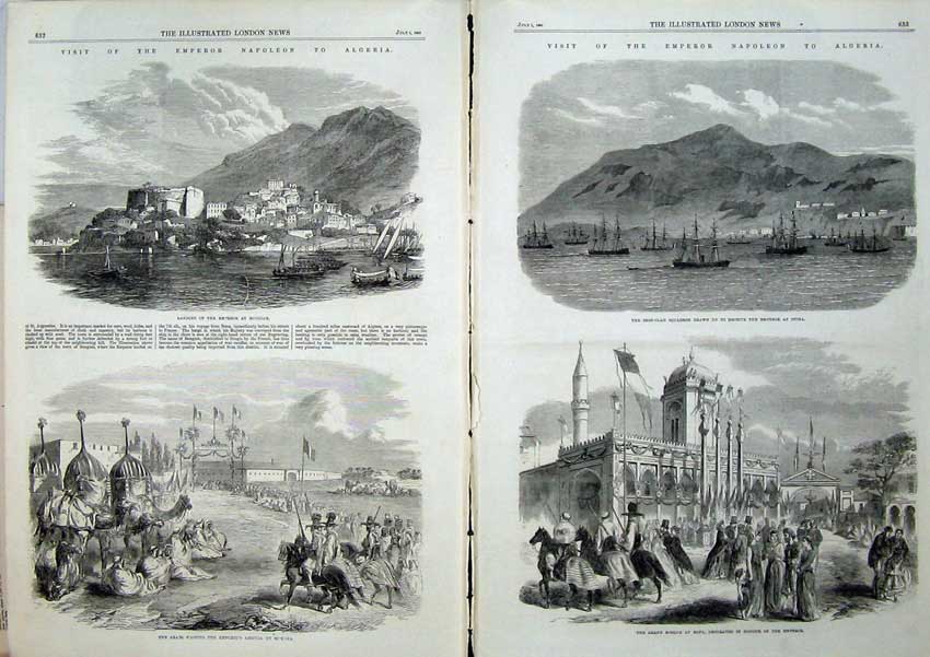 Original Old Antique Print 1865 Napoleon Ships Mosque Bona Arabs Bougiah Stora