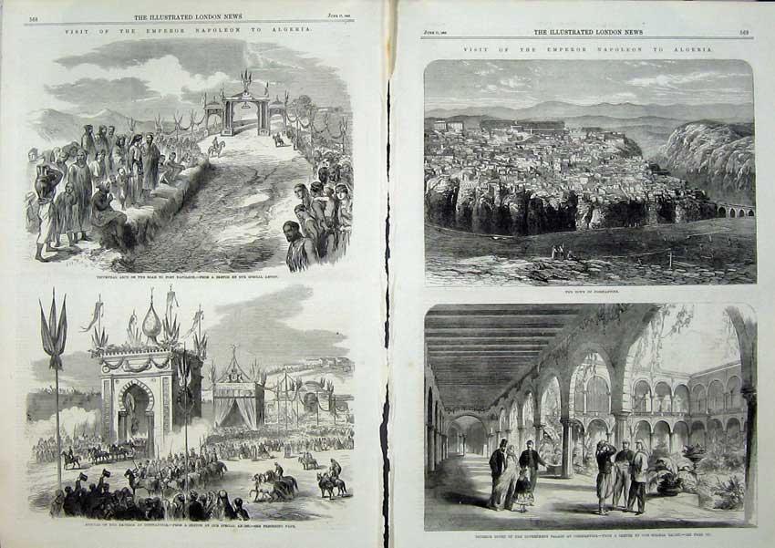 Old Antique Print Napoleon 1865 Constantine Palace Triumphal Arch Army 19th
