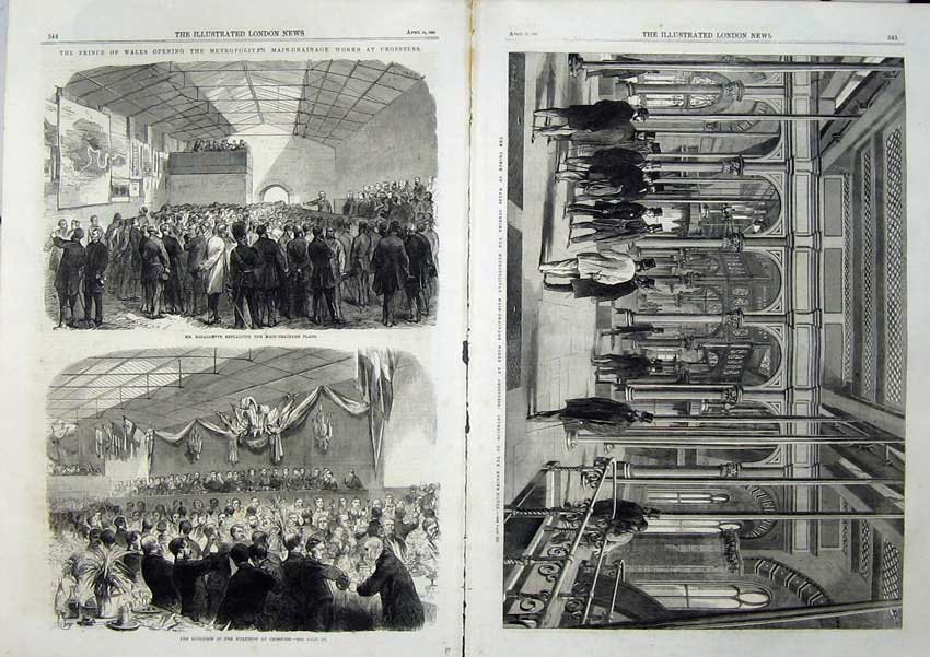 Antique Old Print Prince Wales 1865 Drainage Works Crossness Engine House 19th