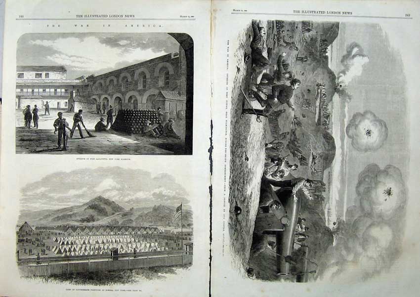 Old Antique Print War America 1865 Fort Lafayette Fisher Elmira Harbour 19th
