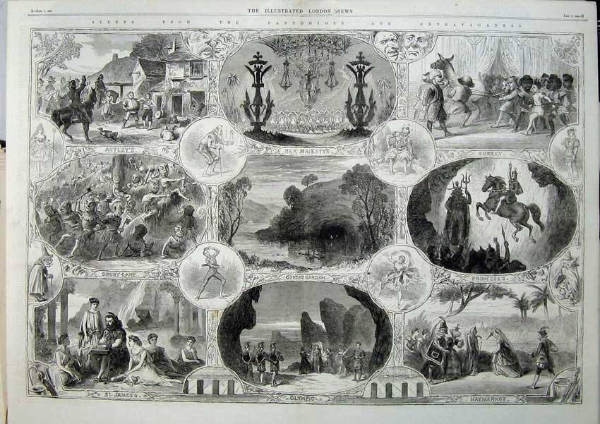 Original Old Antique Print 1865 Christmas Pantomimes Theatre Drury Haymarket