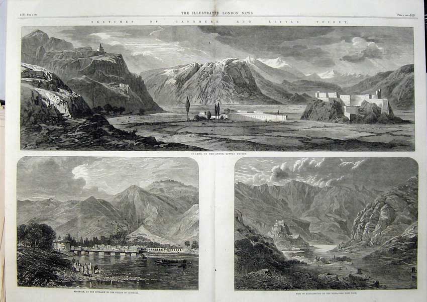 Original Old Antique Print Cashmere Thibet 1865 Skardo Mountains Fort Baramula