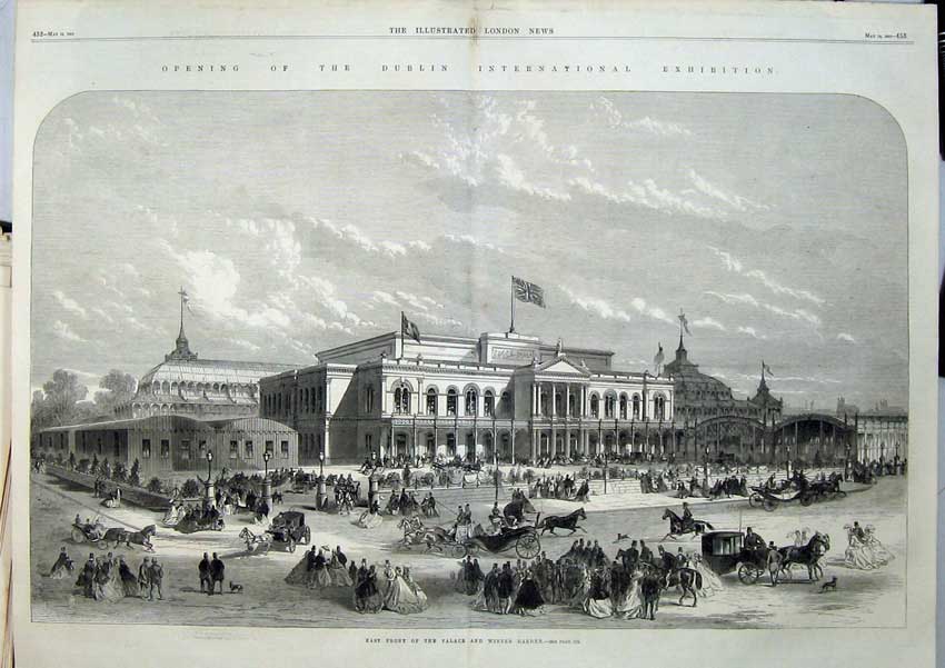 Antique Old Print 1865Dublin International Building Ireland Palace Garden 19th