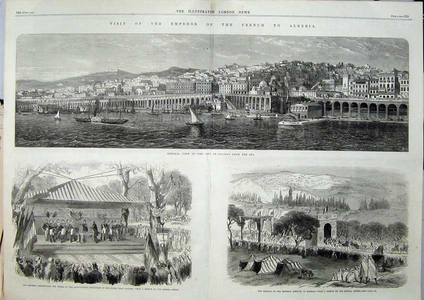Old Antique Print 1865 City Algiers French Emperor Medeah Bou-Farik Art 19th