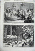 Old Antique Print 1865 Christmas Entertainment Children Game Fedding Bird 19th
