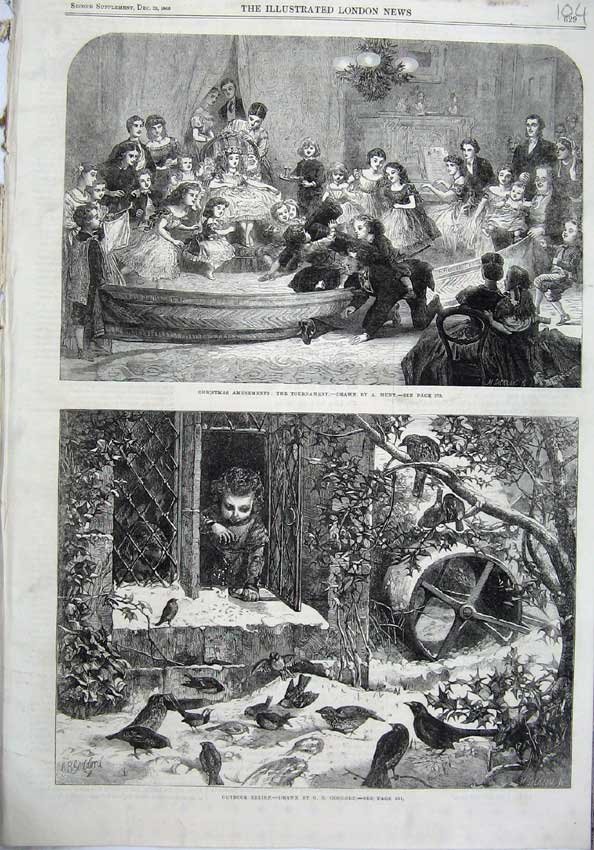 Old Antique Print 1865 Christmas Entertainment Children Game Fedding Bird 19th