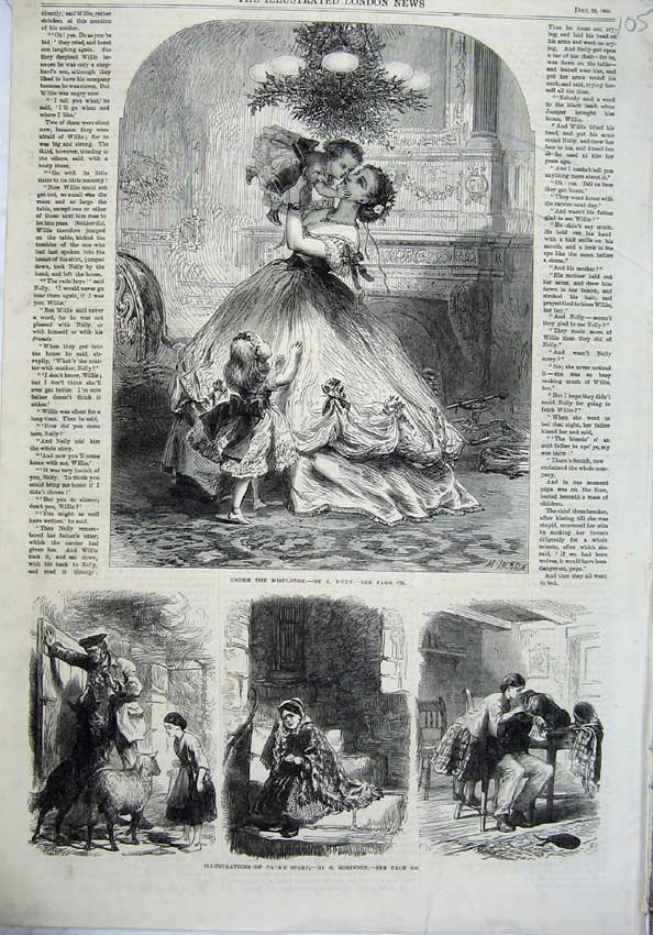 Original Old Antique Print 1865 Mother Child Mistletoe Christmas Dog Sheep Hunt