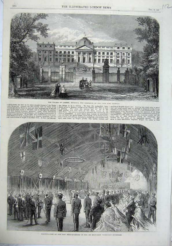 Original Old Antique Print 1865 Palace Laeken Brussels King LeopArmy Engineers
