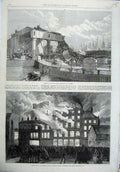 Original Old Antique Print 1865 Railway Accident Swansea Fire Compton Liverpool