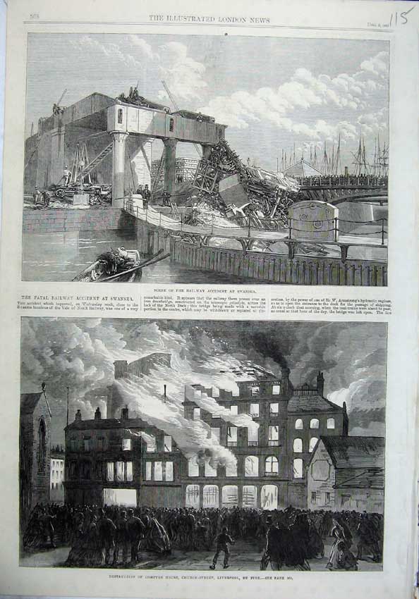 Original Old Antique Print 1865 Railway Accident Swansea Fire Compton Liverpool