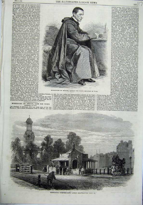 Original Old Antique Print 1865 Monsignore Merode Pope Turnpike-Gate Kennington