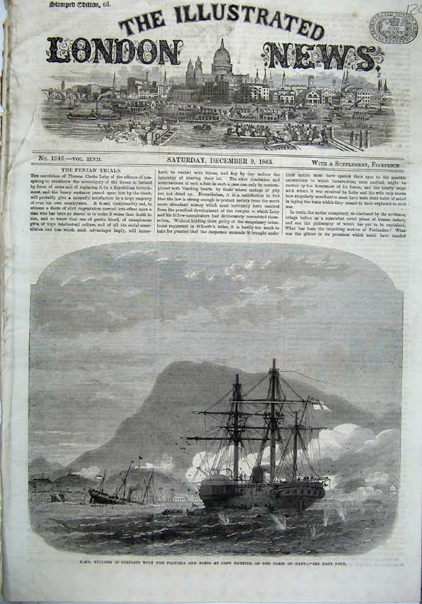 Old Antique Print 1865 Ship H.M.S Bulldog Flotilla Forts Cape Haytien War 19th