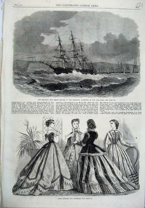 Old Antique Print Paris Fashion1865 Emigrant Ship Amoor Catwater Plymouth 19th