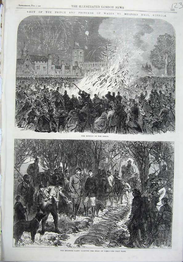 Old Antique Print 1865 Bonfire Suffolk Shooting Party Melford Hall Wales 19th