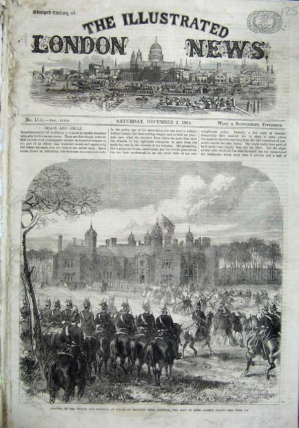 Old Antique Print 1865 Prince Wales Melford Hall Suffolk Lord Alfred War 19th