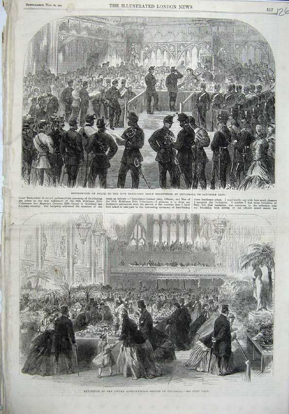 Old Antique Print Guildhall Rifle Volunteer 1865 Horticultural Exhibition 19th