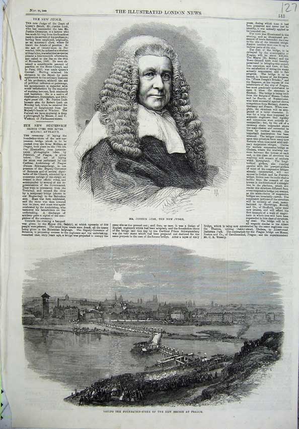 Old Antique Print Justice Lush Judge 1865 Foundation Stone Bridge Prague 19th