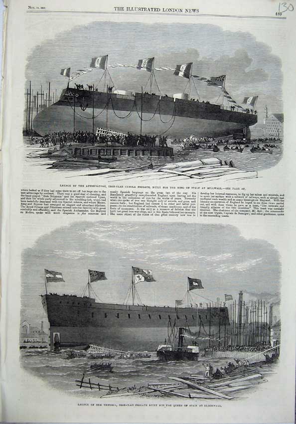 Old Antique Print 1865 Ship Affondatore Cupola Frigate Victoria Blackwall 19th
