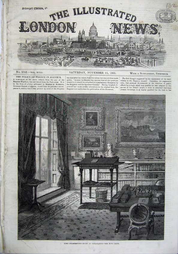 Old Antique Print 1865 Interior Lord Palmerston Study Broadlands Fine Art 19th
