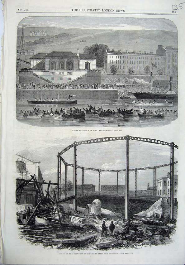 Original Old Antique Print 1865 Naval Boat Race Cork Harbour Gasworks Nine-Elms