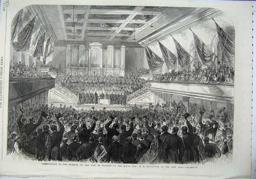 Old Antique Print 1865 Presentation Freedon City Glasgow Gladstone Hall 19th