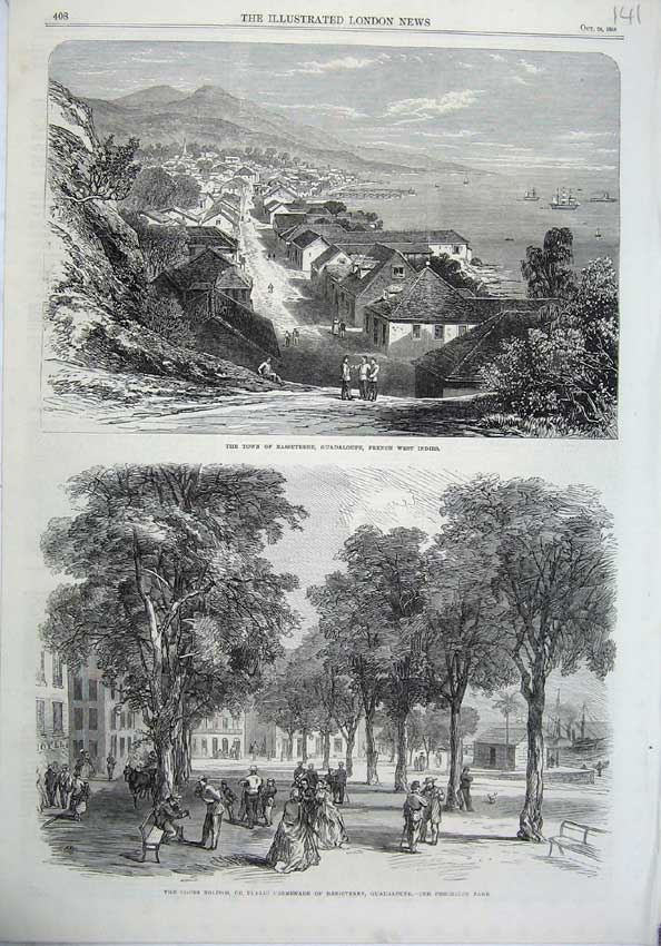Original Old Antique Print 1865 Town Basseterre Guadaloupe Cours Nolivos Indies