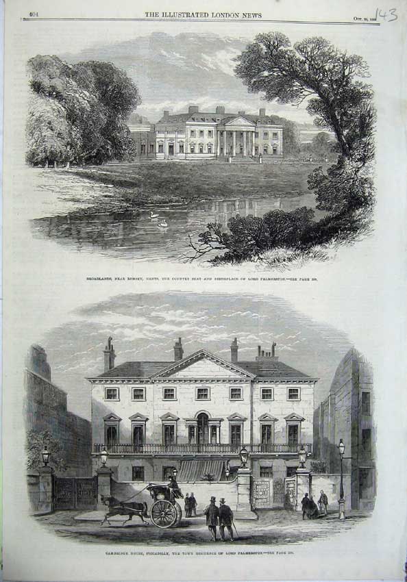 Original Old Antique Print 1865 Broadlands Lord Palmerston Cambridge Piccadilly