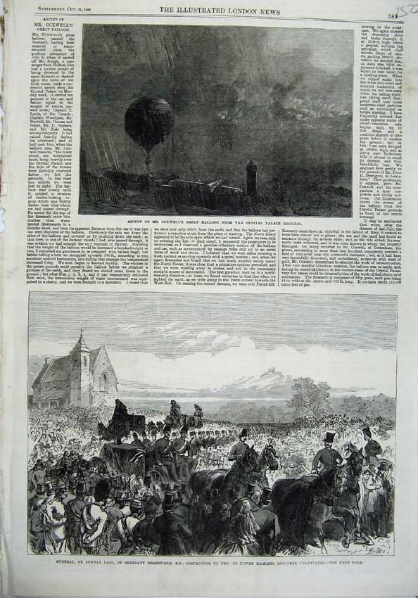 Old Antique Print 1865 Coxwell Balloon Crystal Palace Funeral Dransfield 19th