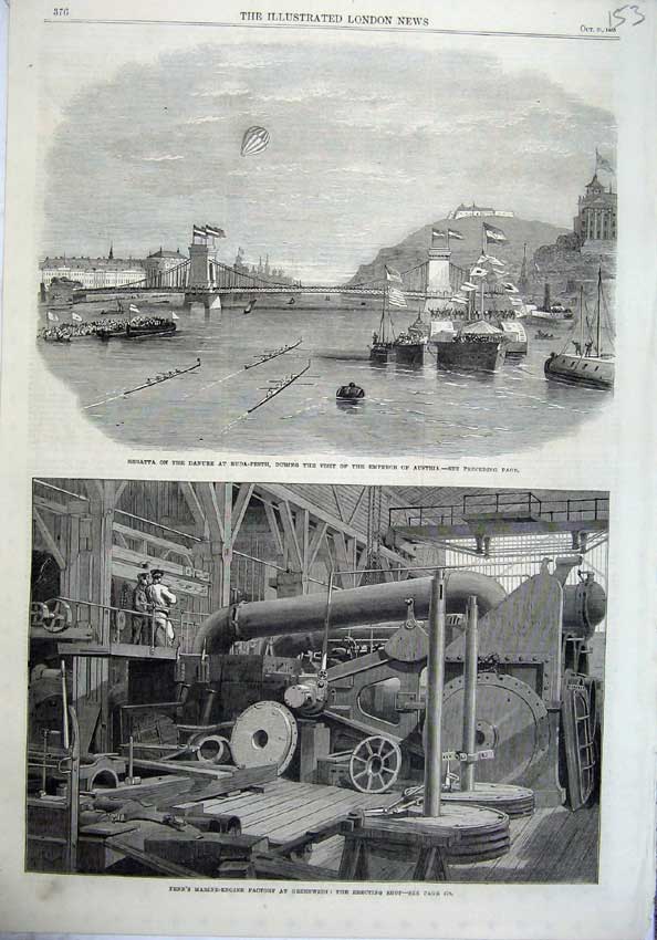Original Old Antique Print 1865 Danube Buda-Pesha Ships Marine-Engine Greenwich