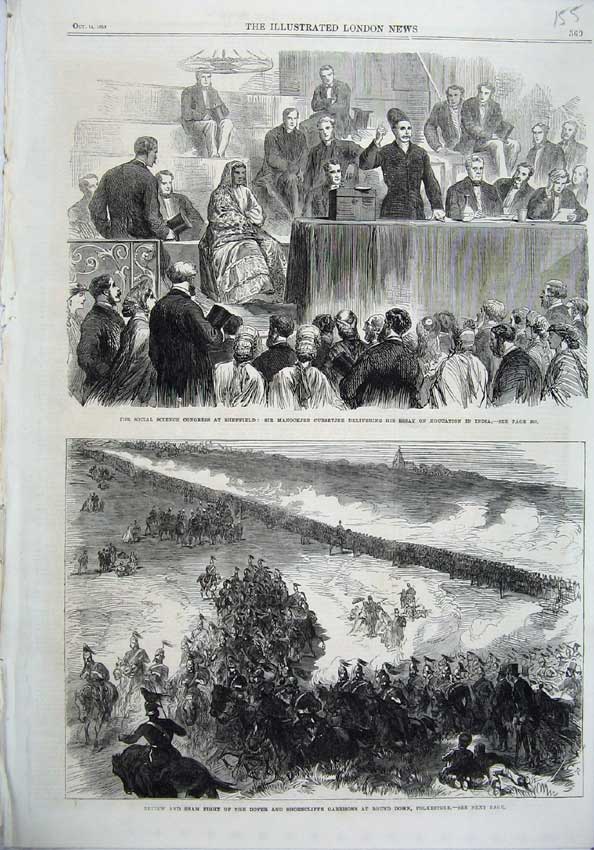 Old Antique Print 1865 Congress Sheffield Manockjee Sham Fight Dover War 19th