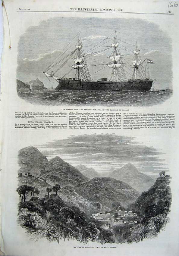 Old Antique Print Spanish Ship Frigate Numancia 1865 War Bhootan Dooars 19th