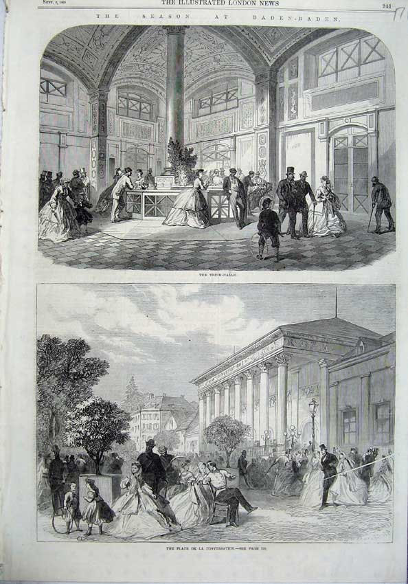 Original Old Antique Print 1865 Baden-Baden Trink-Halle Place Conversation Hall