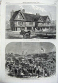 Original Old Antique Print 1865 Crown House Birmingham Alexandra Park ham 19th
